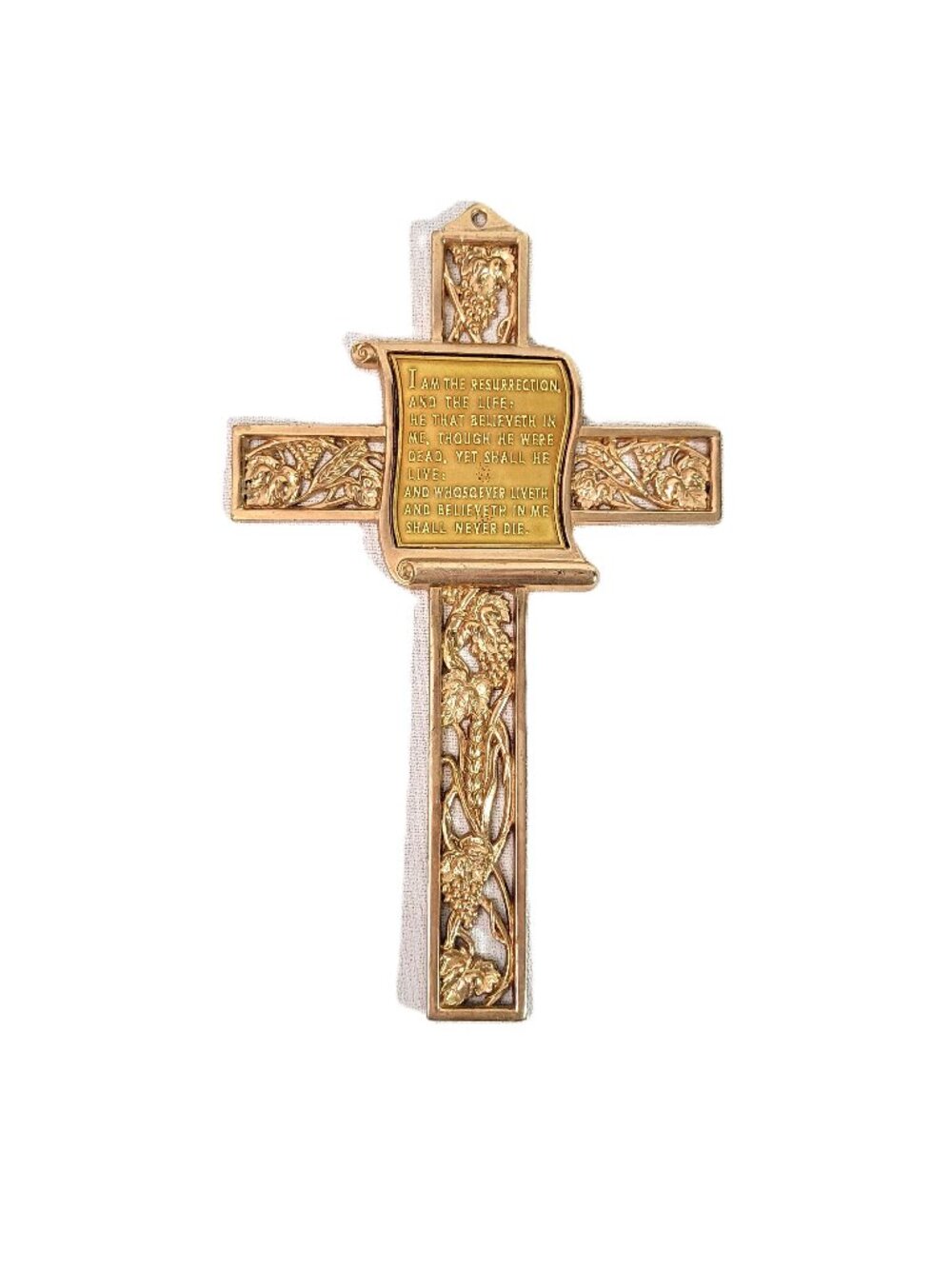 Vintage Gold Tone Wall Cross John 11:25 Ornate Filigree Grapevine Scroll 9"